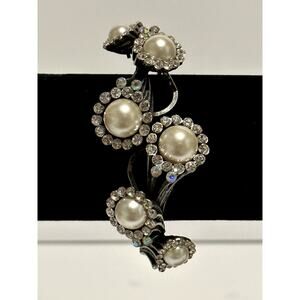 Costume Jewelry Faux Pearl and Rhinestones Clamp Cuff Bracelet Statement Piece